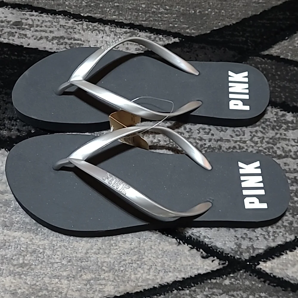 VS PINK BLACK SILVER LOGO FLIP FLOPS SANDALS